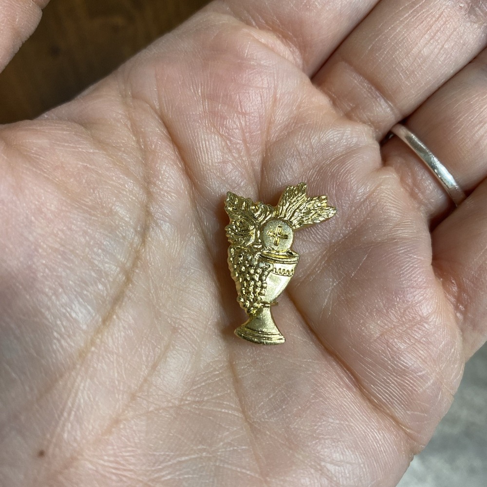 Vintage First Holy Communion Goldtone Pin Double Blessing Lapel Pin Brooch